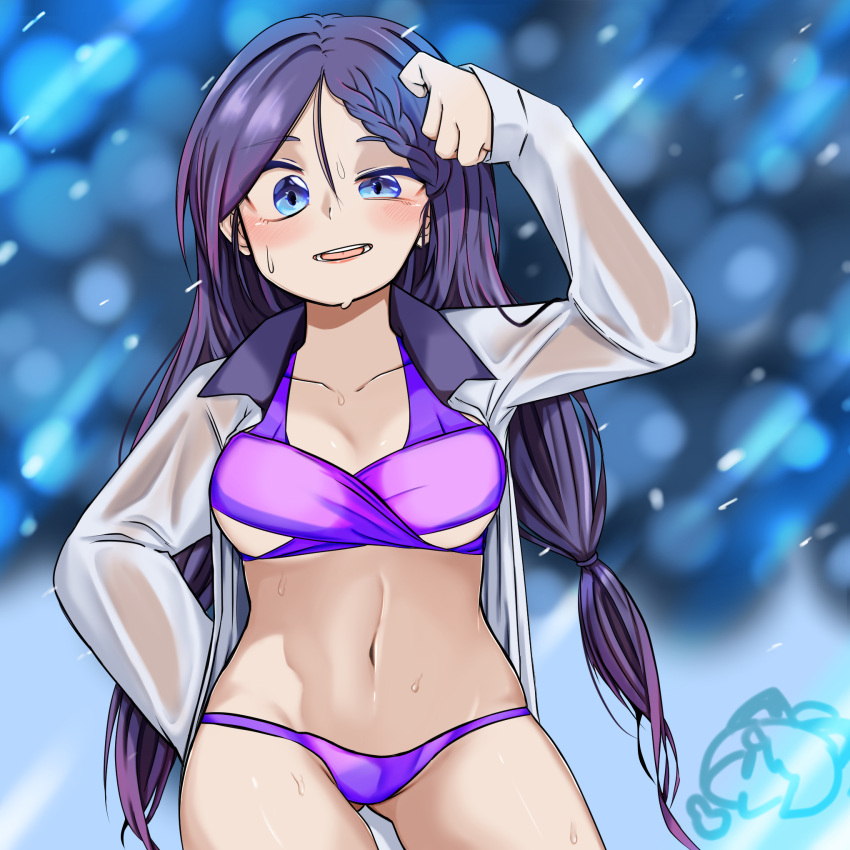 1girl bangs bikini black_survival blue_background blue_eyes blurry blurry_background blush braid braided_bangs breasts collared_shirt commentary_request cowboy_shot hair_between_eyes highres hyejin_(black_survival) kurodani_yamame long_hair looking_at_viewer medium_breasts navel open_clothes open_mouth open_shirt purple_bikini purple_hair rinyamame see-through see-through_shirt shirt smile solo swimsuit touhou uneven_eyes white_shirt