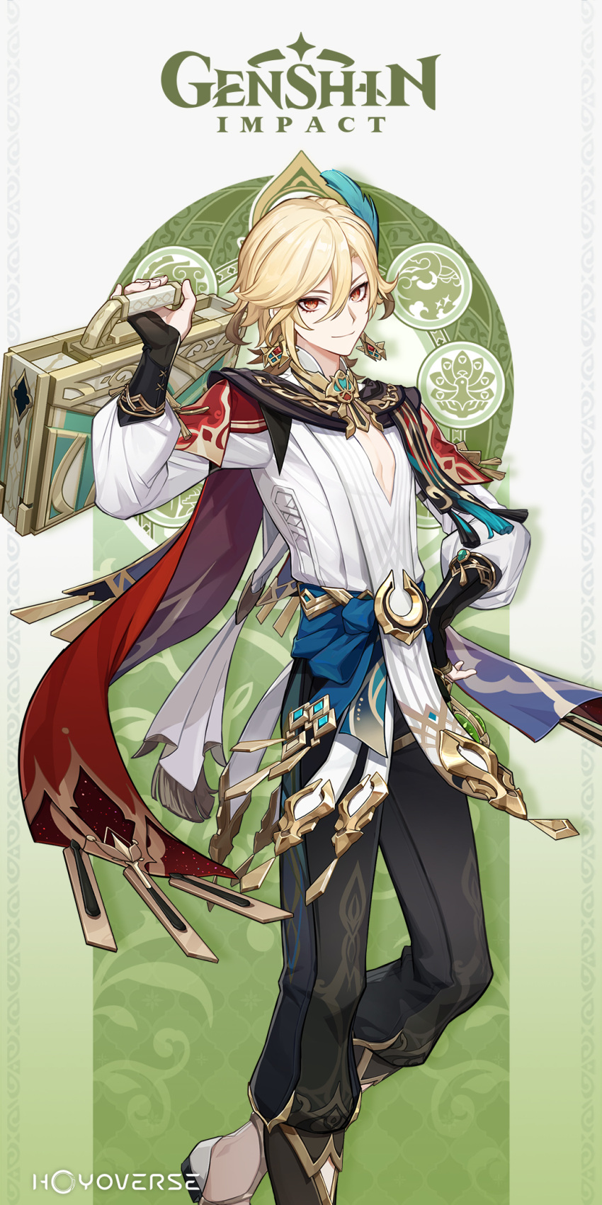 1boy black_gloves blonde_hair briefcase cape earrings feather_hair_ornament feathers gem genshin_impact gloves gold_necklace gold_trim green_gemstone hair_ornament highres jewelry kaveh_(genshin_impact) long_sleeves mandarin_collar necklace official_art partially_fingerless_gloves puffy_long_sleeves puffy_sleeves red_cape red_eyes shirt short_hair shoulder_cape sidelocks solo vision_(genshin_impact) white_shirt