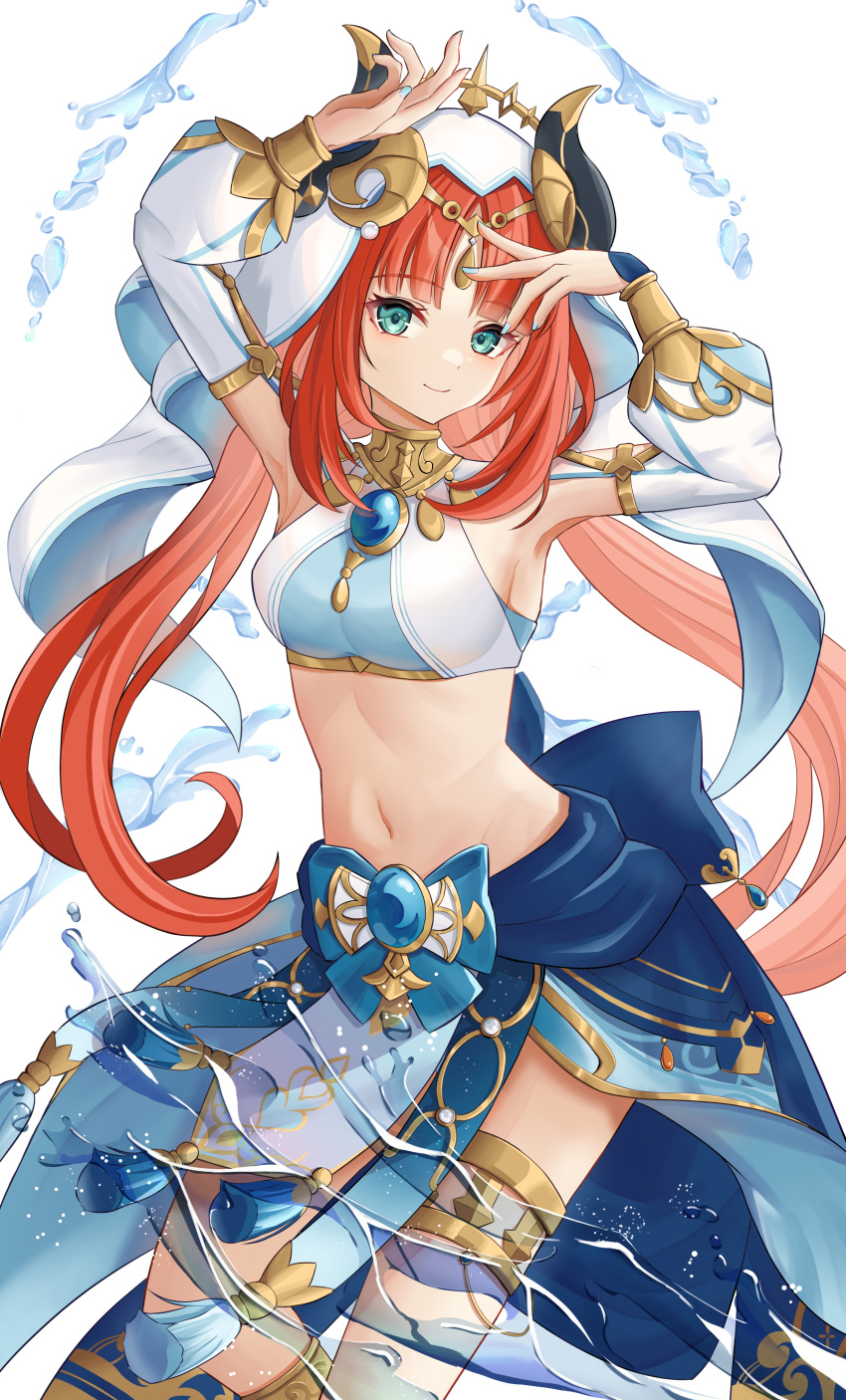 1girl absurdres aqua_eyes armpits arms_up bangs blue_nails blue_skirt bracer breasts brooch circlet closed_mouth crop_top detached_sleeves fake_horns genshin_impact hand_on_own_head harem_outfit highres horns jewelry long_hair long_sleeves looking_at_viewer low_twintails medium_breasts nail_polish navel neck_ring nilou_(genshin_impact) parted_bangs puffy_long_sleeves puffy_sleeves red_hair shuvalun8 simple_background skirt solo stomach tassel thighlet thighs twintails veil water white_background white_headwear white_sleeves