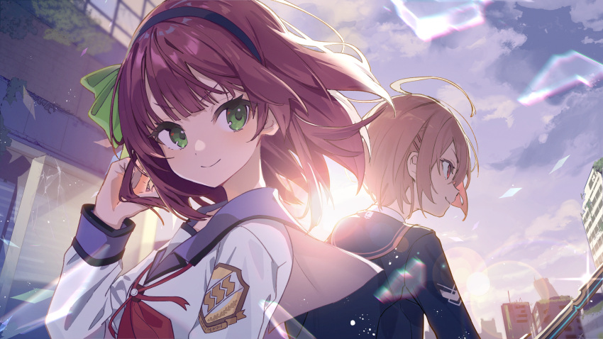 2girls adjusting_hair angel_beats! bangs blue_jacket blunt_bangs bow brown_hair closed_mouth collared_shirt green_bow green_eyes hair_bow hair_ornament hairband hairpin heaven_burns_red highres jacket kayamori_ruka long_sleeves multiple_girls nakamura_yuri neckerchief outdoors purple_hair red_neckerchief school_uniform shinda_sekai_sensen_uniform shirama_(c2h76_5) shirt short_hair smile sunlight sword weapon