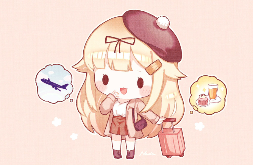 1girl :3 aircraft airplane alternate_costume bag bangs beret black_headwear black_ribbon blonde_hair blush chibi coat cup food hair_flaps hair_ornament hair_ribbon hairclip hat highres kantai_collection long_hair long_sleeves nada_namie open_mouth pom_pom_(clothes) ribbon scarf shirt signature simple_background skirt solo standing suitcase yuudachi_(kancolle) yuudachi_kai_ni_(kancolle)