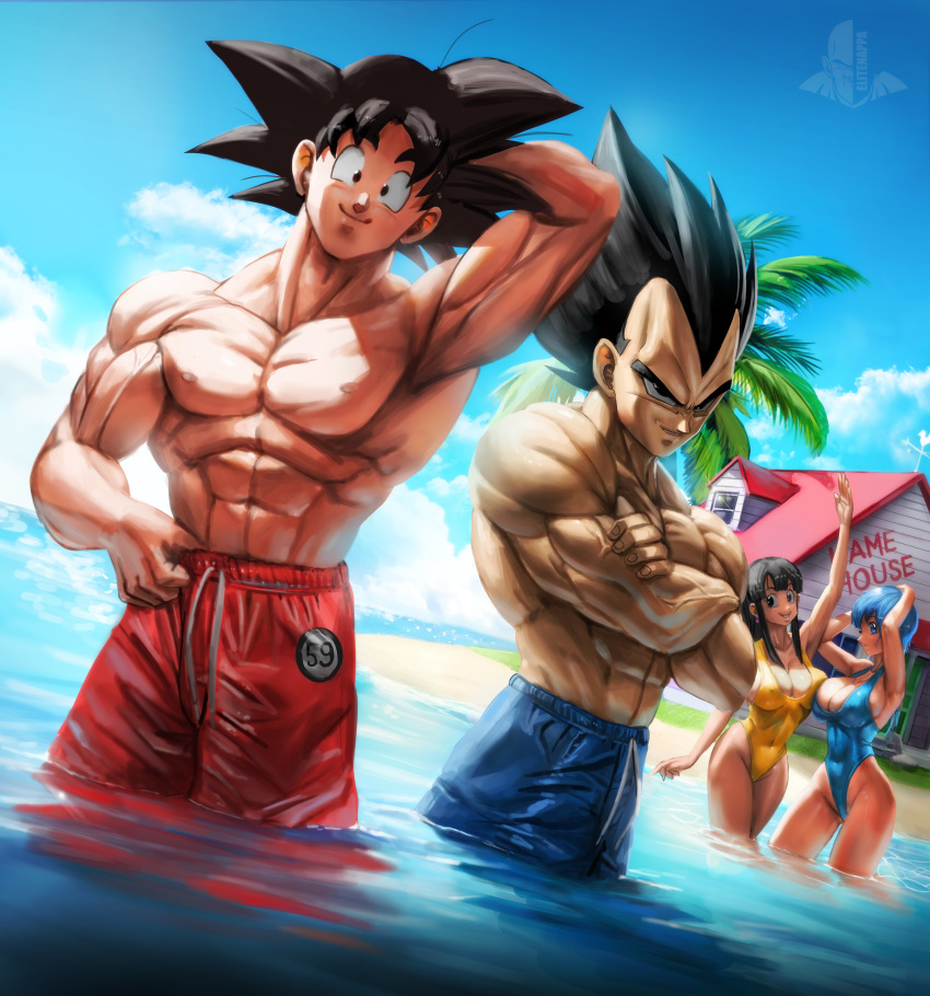 2boys 2girls absurdres arm_up armpits arms_up beach black_eyes black_hair blue_eyes blue_hair blue_one-piece_swimsuit blue_sky breasts bulma chi-chi_(dragon_ball) closed_mouth cloud covered_navel covered_nipples crossed_arms dragon_ball earrings elite_nappa highleg highleg_swimsuit highres house island jewelry kame_house large_breasts long_hair looking_at_viewer male_swimwear multiple_boys multiple_girls muscular muscular_male ocean one-piece_swimsuit one_eye_closed palm_tree shiny_skin short_hair sky smile smirk son_goku spiked_hair standing swim_trunks swimsuit topless_male tree vegeta water yellow_one-piece_swimsuit