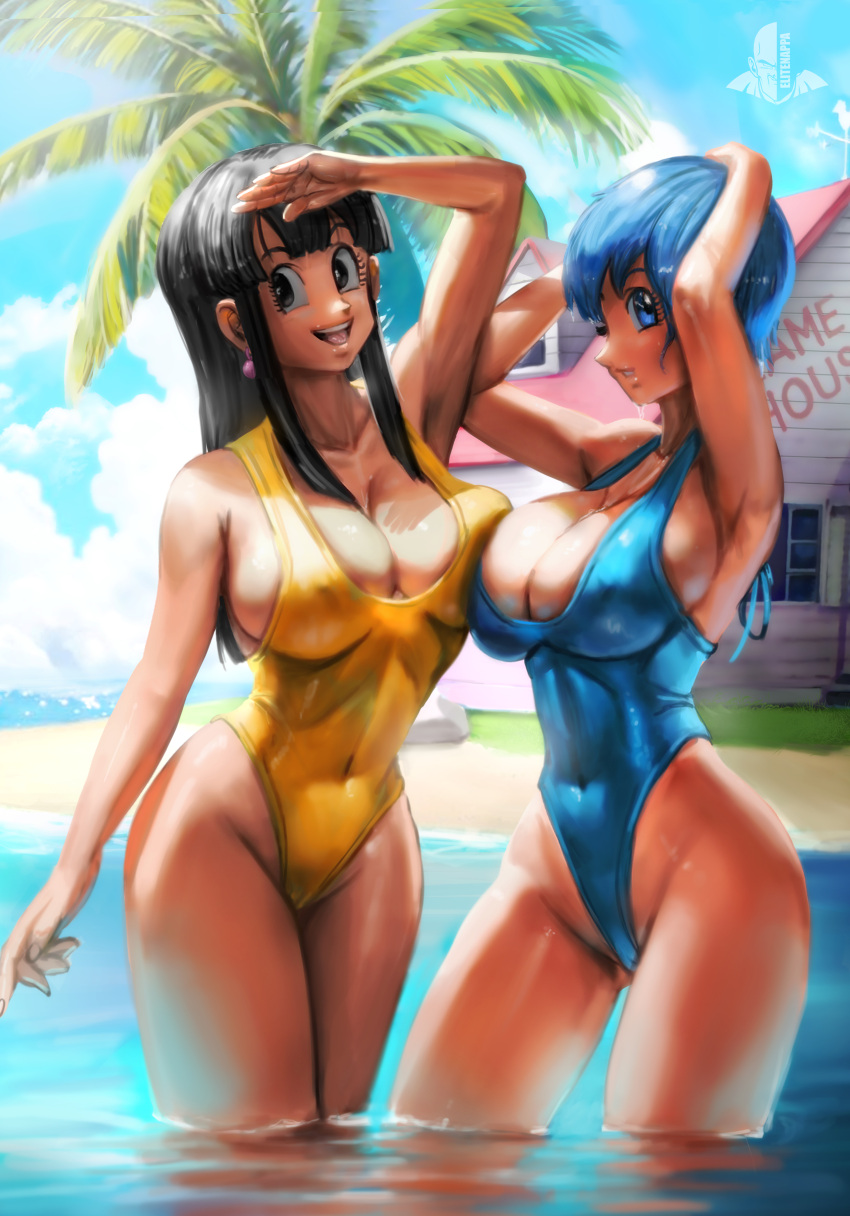 2girls :d absurdres arms_up beach black_eyes black_hair blue_eyes blue_hair blue_one-piece_swimsuit blue_sky breasts bulma chi-chi_(dragon_ball) cloud covered_navel covered_nipples dragon_ball earrings elite_nappa highleg highleg_swimsuit highres house island jewelry kame_house large_breasts long_hair multiple_girls ocean one-piece_swimsuit one_eye_closed open_mouth palm_tree shiny_skin short_hair sky smile standing swimsuit tree water yellow_one-piece_swimsuit