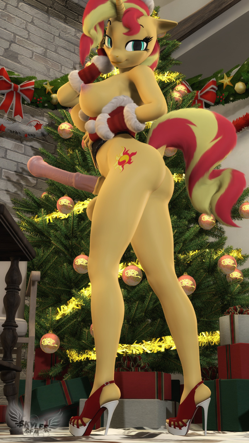 3d_(artwork) absurd_res animal_genitalia animal_penis anthro anthrofied armwear balls blonde_hair blue_eyes breasts butt christmas christmas_clothing christmas_tree clothing crossgender digital_media_(artwork) elbow_gloves equestria_girls equid equine equine_genitalia equine_penis fingerless_elbow_gloves fingerless_gloves footwear ftg_crossgender fti_crossgender genitals gloves gynomorph hair handwear hasbro hi_res high_heels holidays horn intersex long_legs looking_at_viewer low-angle_view mammal medial_ring my_little_pony nipples penis plant red_hair skyleesfm solo sunset_shimmer_(eg) tree unicorn