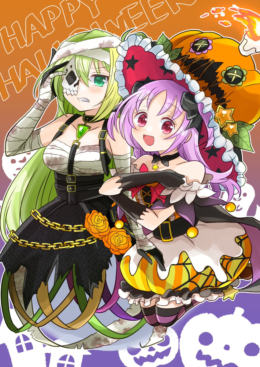 2girls alina_gray alina_gray_(halloween_ver.) annoyed arm_hug bandaged_arm bandaged_head bandages bare_shoulders black_gloves black_skirt blush breasts bubble_skirt candle chain choker dress elbow_gloves fire flower frilled_hat frills ghost_tail gloves green_eyes green_hair halloween halloween_costume happy_halloween hat highres jack-o'-lantern long_hair looking_at_viewer magia_record:_mahou_shoujo_madoka_magica_gaiden magical_girl mahou_shoujo_madoka_magica mask_over_one_eye misono_karin misono_karin_(halloween_ver.) multicolored_clothes multiple_girls official_alternate_costume open_mouth orange_flower pink_eyes pumpkin purple_hair putitoma96 ribbon sarashi single_hair_ring skirt smile star_(symbol) suspender_skirt suspenders very_long_hair