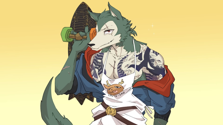 anthro beastars canid canine canis chest_tattoo clothed clothing colored drawfee eye_scar facial_scar fully_clothed karina_farek legoshi_(beastars) male mammal scar shaded sk8_the_infinity skateboard smile solo tattoo wolf