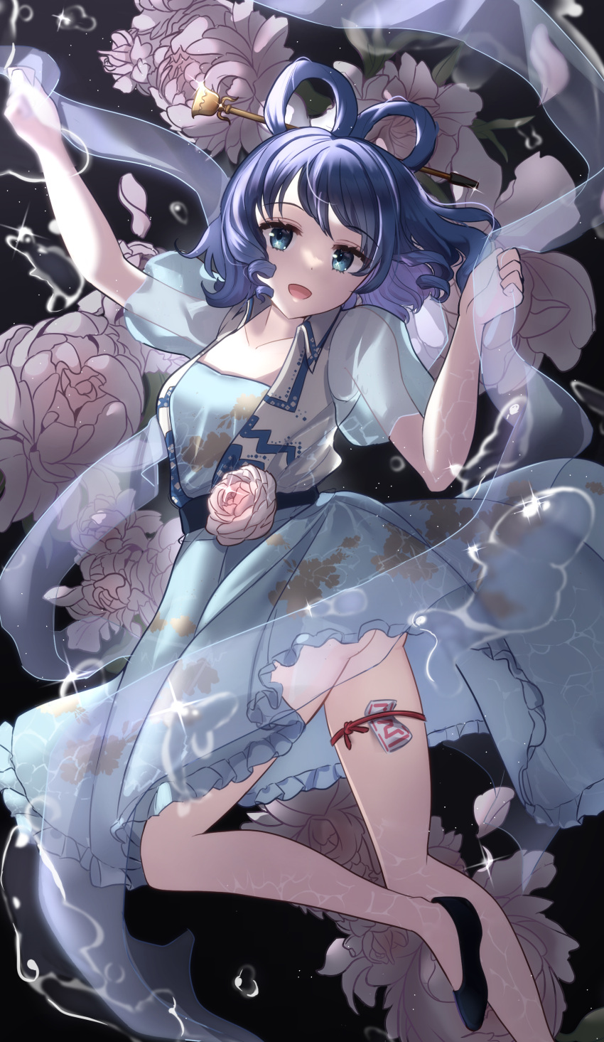 1girl absurdres ass bangs black_background black_footwear blue_dress blue_eyes blue_hair bottomless chisel commentary_request dress flower hair_ornament hair_rings hair_stick highres kaku_seiga looking_at_viewer ofuda open_mouth pink_flower shawl short_hair short_sleeves solo thigh_strap touhou vest wheat_retzel white_vest