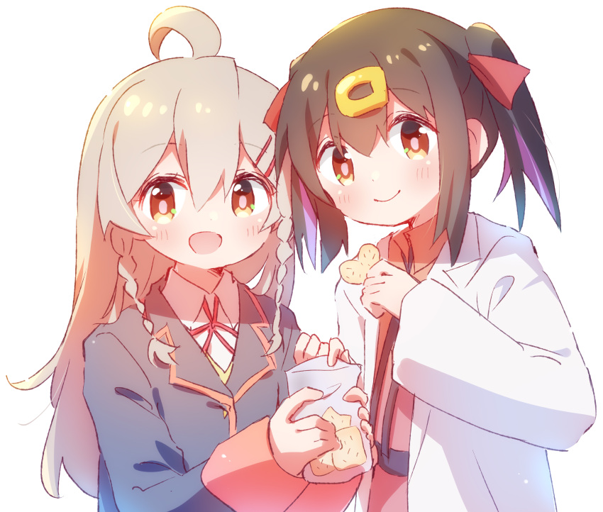 2girls :d absurdres ahoge bangs black_hair black_jacket braid brown_eyes commentary cookie food grey_hair hair_between_eyes hair_ornament hairclip highres jacket labcoat long_hair long_sleeves looking_at_viewer medium_hair multicolored_hair multiple_girls nyaa_(nnekoron) onii-chan_wa_oshimai! open_mouth oyama_mahiro oyama_mihari pink_hair purple_hair red_shirt school_uniform shirt siblings simple_background sisters smile streaked_hair twin_braids twintails two-tone_hair upper_body white_background wing_collar