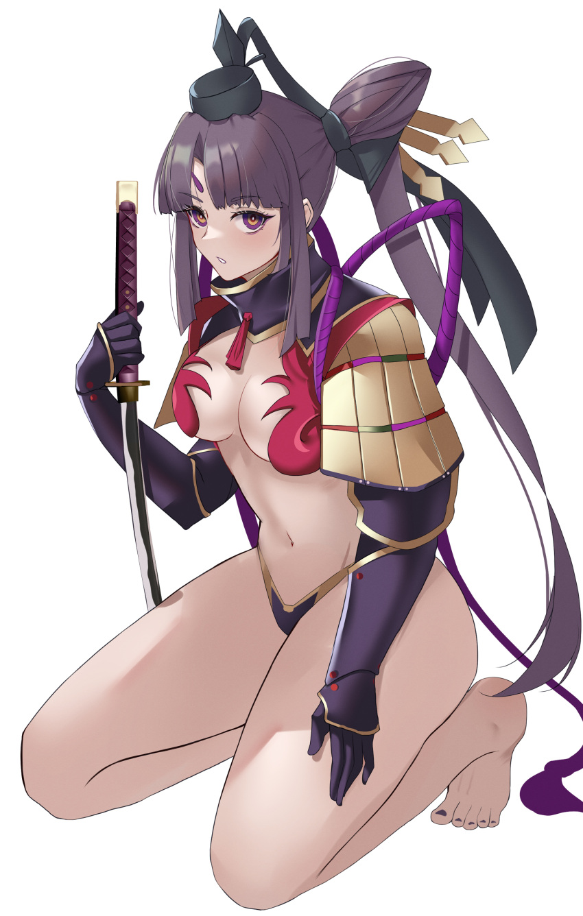 1girl absurdres armor bangs barefoot black_hair black_headwear black_thighhighs breasts facial_mark fate/grand_order fate_(series) feet forehead_mark hair_bun hat highleg highleg_panties highres japanese_armor katana long_hair long_sleeves looking_at_viewer medium_breasts multicolored_eyes musicatopos navel orange_eyes panties parted_bangs purple_eyes purple_lips side_ponytail sidelocks single_side_bun solo squatting sword taira_no_kagekiyo_(fate) thighhighs underwear ushiwakamaru_(fate) very_long_hair weapon