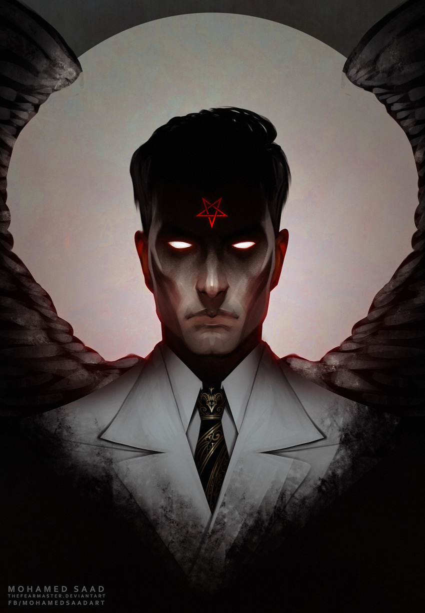 1boy artist_name black_hair black_tie black_wings closed_mouth formal glowing glowing_eyes highres looking_at_viewer mephistopheles necktie no_pupils original pentagram shaded_face short_hair suit thefearmaster white_suit wings