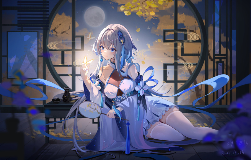 1girl bangs bare_shoulders blue_eyes blue_ribbon blush bug butterfly detached_sleeves dress frilled_dress frills genshin_impact ginkgo_leaf grey_hair guizhong_(genshin_impact) hair_between_eyes hair_ornament highres indoors leaf long_hair miaogujun moon ribbon sleeveless sleeveless_dress solo thighhighs white_dress white_thighhighs yellow_butterfly