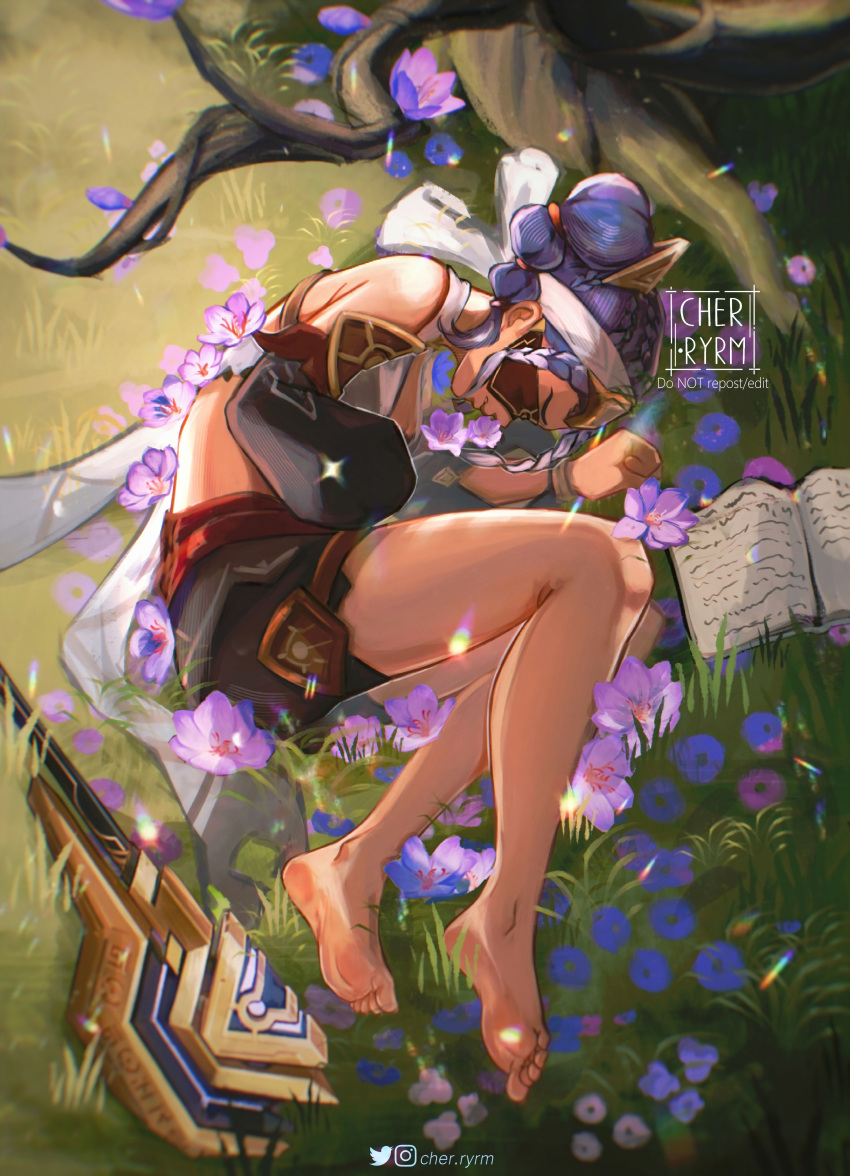 1girl absurdres barefoot bikini bikini_top_only black_shorts book braid braided_bangs detached_sleeves english_commentary feet flower from_side genshin_impact grass headband highres instagram_logo jeht_(genshin_impact) legs lying medium_hair multi-tied_hair on_side open_book purple_flower purple_hair red_blindfold ryrmcher shorts smile soles solo swimsuit toes twintails twitter_logo white_bikini white_headband