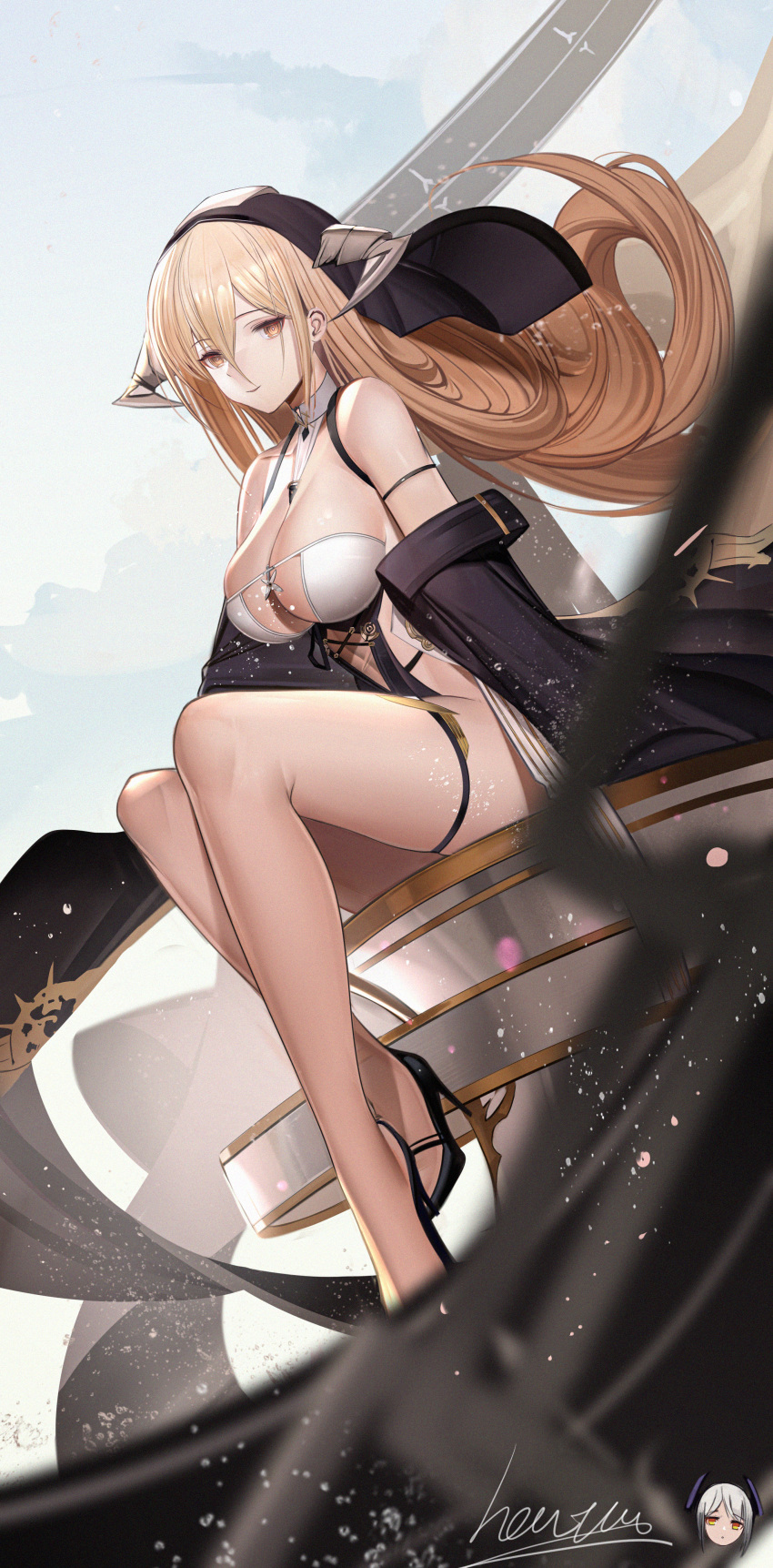 1girl absurdres arm_strap azur_lane between_breasts blonde_hair breasts detached_sleeves floating_hair full_body heatia high_heels highres horns implacable_(azur_lane) large_breasts long_hair nun sitting smile solo thigh_strap thighs white_horns yellow_eyes