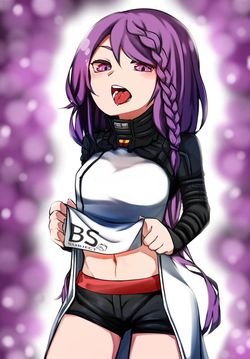 1girl bangs black_shorts black_survival blush braid braided_bangs breasts coat coat_lift commentary_request cowboy_shot hair_between_eyes highres hyejin_(black_survival) kurodani_yamame lifted_by_self long_hair long_sleeves looking_at_viewer medium_breasts navel open_mouth purple_eyes purple_hair rinyamame shorts smile solo teeth tongue tongue_out touhou very_long_hair white_coat