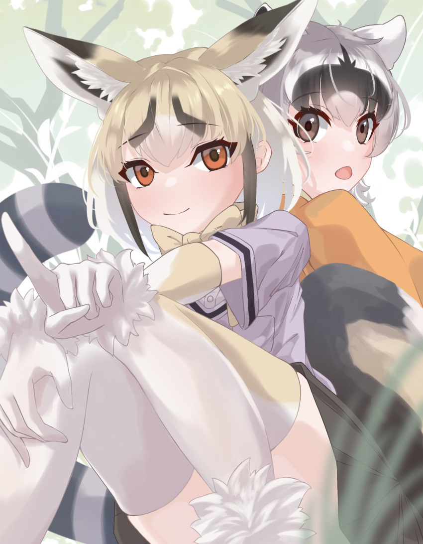 2girls animal_ears back-to-back bangs black_hair blonde_hair bow bowtie brown_eyes brown_hair closed_mouth crab-eating_raccoon_(kemono_friends) day elbow_gloves extra_ears fang fox_ears fox_girl fox_tail fur_trim gloves grey_hair highres index_finger_raised kemono_friends knees_up looking_at_viewer looking_back multicolored_hair multiple_girls open_mouth orange_eyes outdoors outstretched_arm raccoon_ears raccoon_girl raccoon_tail rueppell's_fox_(kemono_friends) sarutori shirt short_sleeves sitting skirt smile tail thighhighs white_hair