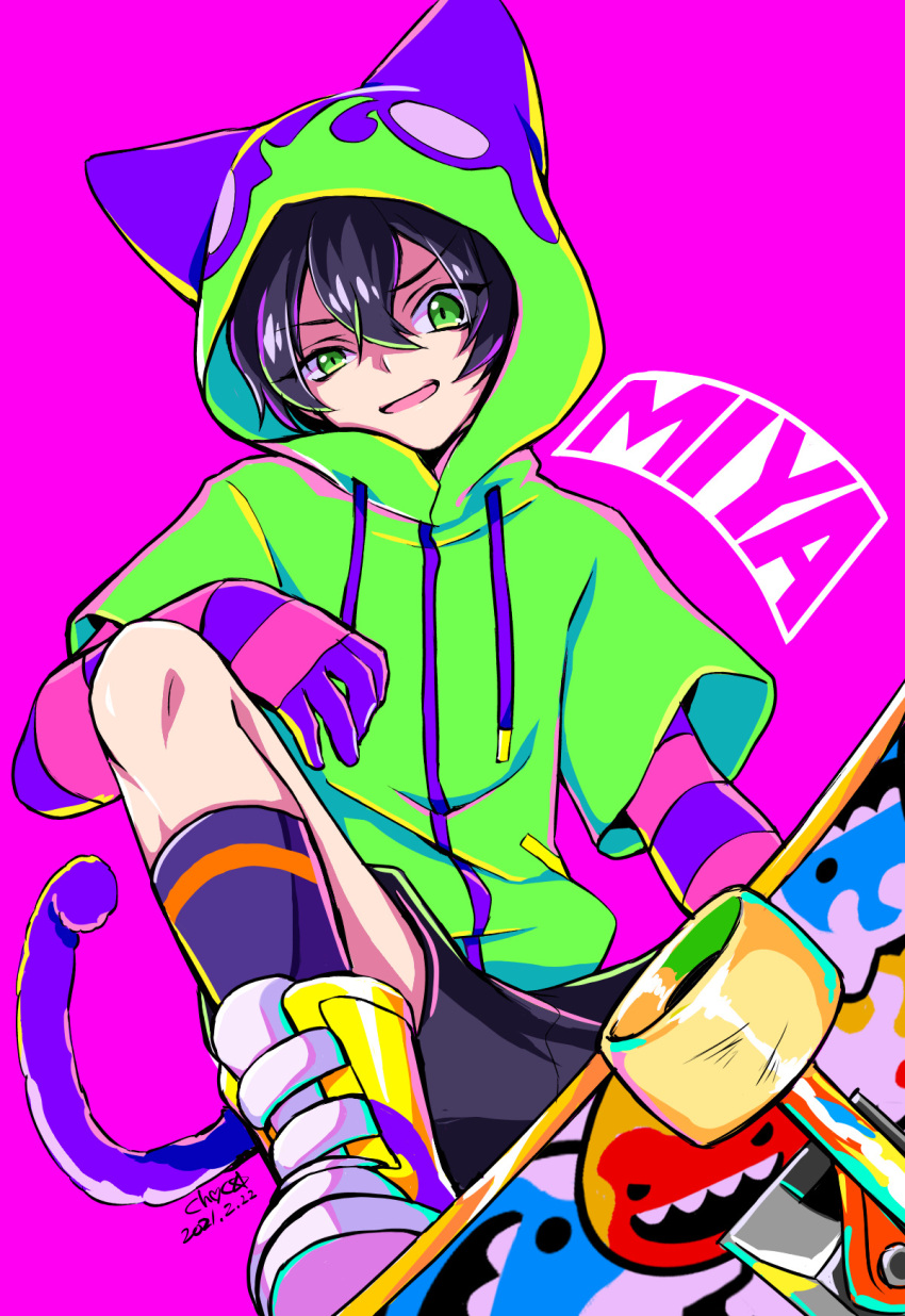 1boy black_shorts character_name choco_(moyasi) gloves green_hoodie hair_between_eyes highres hood hoodie male_focus miya_(sk8) open_mouth pink_background purple_socks shoes shorts simple_background sk8_the_infinity skateboard sneakers socks striped striped_gloves tail yellow_footwear