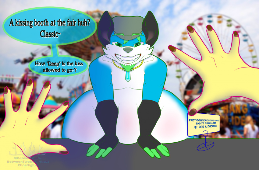 anthro belly canid canine carnival_game duo first_person_view fox hi_res imminent_vore looming male male/male mammal overweight phosphobos scared tanio vore