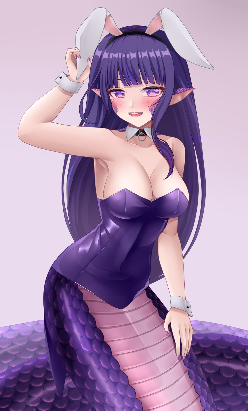 1girl absurdres animal_ears bangs blush breasts cleavage fake_animal_ears genshin_impact happy highres lamia large_breasts leotard long_hair looking_at_viewer monster_girl open_mouth playboy_bunny pointy_ears purple_eyes purple_hair purple_leotard raiden_shogun scales smile solo very_long_hair zerorespect_bot