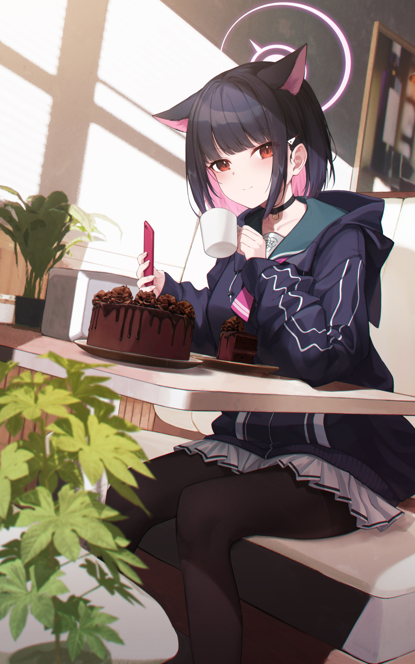 1girl absurdres animal_ears bangs black_choker black_hair black_jacket black_pantyhose blinds blue_archive cake cat_ears chocolate_cake choker colored_inner_hair cup extra_ears feet_out_of_frame food green_sailor_collar halo highres holding holding_cup holding_phone hood hood_down hooded_jacket jacket kazusa_(blue_archive) long_sleeves miniskirt multicolored_hair neckerchief pantyhose phone pink_hair pink_neckerchief plant pleated_skirt potted_plant red_eyes sagiri_(ulpha220) sailor_collar short_hair sidelocks sitting skirt smile solo thighs two-tone_hair white_skirt