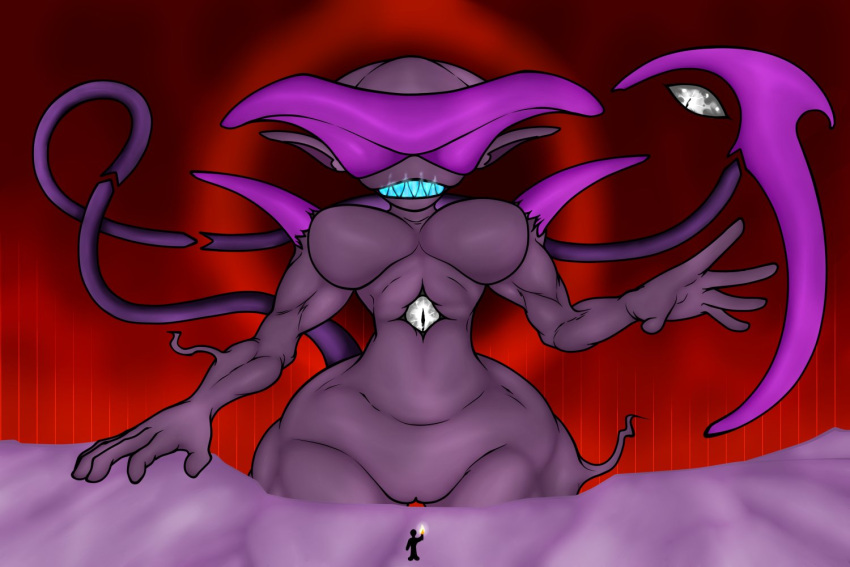 2022 alien barely_visible_genitalia barely_visible_pussy deity duo eldritch_abomination eldritch_humanoid eye_on_belly eye_on_tail female genitals glowing glowing_mouth humanoid jenexian long_tail macro maxhe pussy solo_focus tail tentacles wide_hips