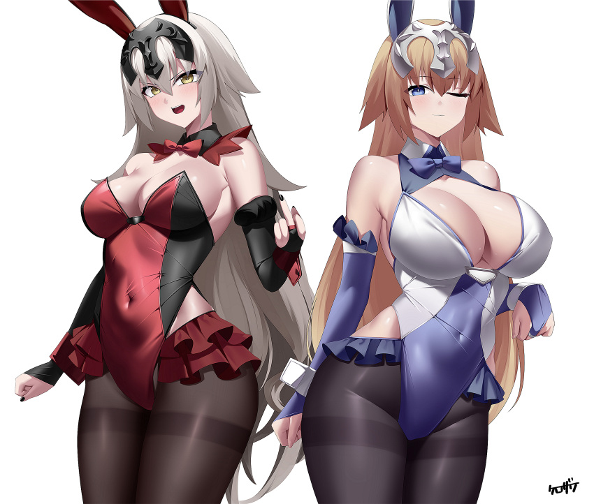 2girls animal_ears bangs bare_shoulders black_leotard black_pantyhose blonde_hair blue_eyes blue_leotard blush bow bowtie breasts bridal_gauntlets brown_pantyhose cleavage cleavage_cutout clothing_cutout covered_navel detached_collar detached_sleeves fake_animal_ears fate/apocrypha fate/grand_order fate_(series) grey_hair headpiece highleg highleg_leotard highres jeanne_d'arc_(fate) jeanne_d'arc_(ruler)_(fate) jeanne_d'arc_alter_(avenger)_(fate) jeanne_d'arc_alter_(fate) kurozawa_yui large_breasts leotard long_hair looking_at_viewer multiple_girls one_eye_closed open_mouth pantyhose playboy_bunny rabbit_ears red_leotard smile thighband_pantyhose thighs very_long_hair white_leotard wrist_cuffs yellow_eyes