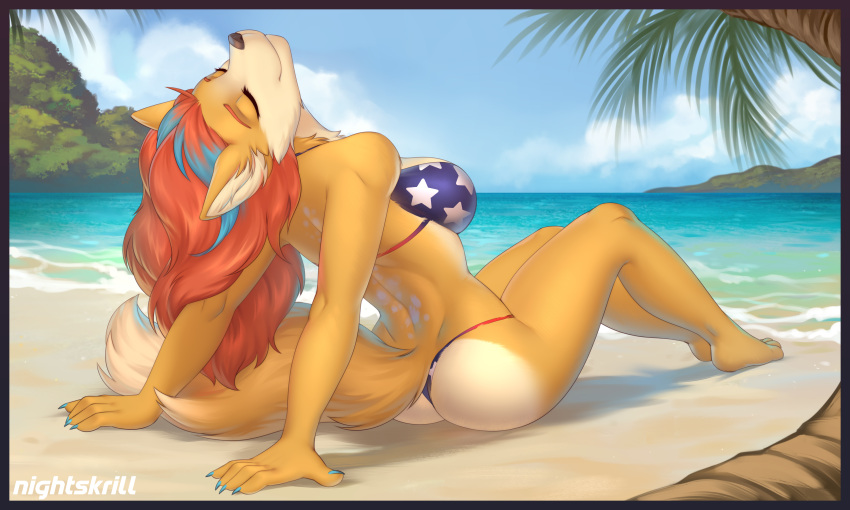 5:3 absurd_res american_flag_bikini anthro beach big_breasts bikini biped black_nose blue_claws blue_hair breasts butt butt_heart canid canine claws clothed clothing cloud day detailed_background digital_media_(artwork) eyes_closed female finger_claws fox fur grace_kaiser hair hi_res inner_ear_fluff long_hair mammal multicolored_hair nightskrill orange_body orange_fur outside palm_tree plant red_fox red_hair sea seaside shaded signature sky smile solo swimwear tree tuft water