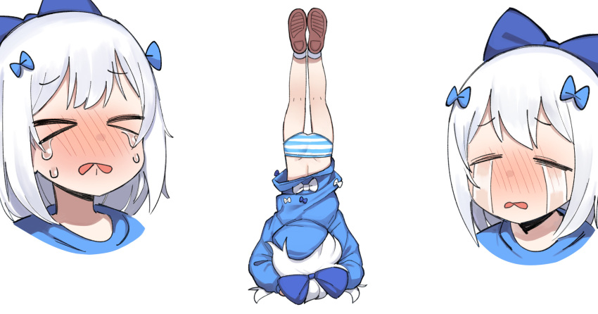 &gt;_&lt; 1girl ass blush bow commentary_request crying english_commentary flat_ass grey_hair hair_bow handstand highres hood hoodie korean_commentary lakilolom medium_hair no_pants original panties streaming_tears striped striped_panties tears underwear