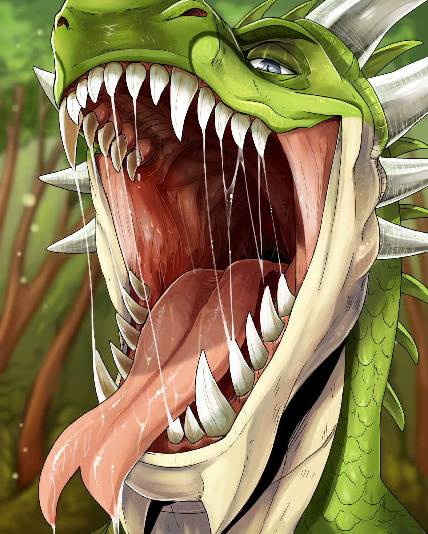 absurd_res anthro blue_eyes blurred_background bodily_fluids drooling forked_tongue front_view glistening glistening_eyes green_body green_scales grey_horn hi_res horn imperatorcaesar looking_at_viewer male mouth_shot narrowed_eyes open_mouth outside plant pupils red_tongue saliva saliva_on_tongue saliva_string scales sharp_teeth slit_pupils solo teeth tongue tongue_out tree