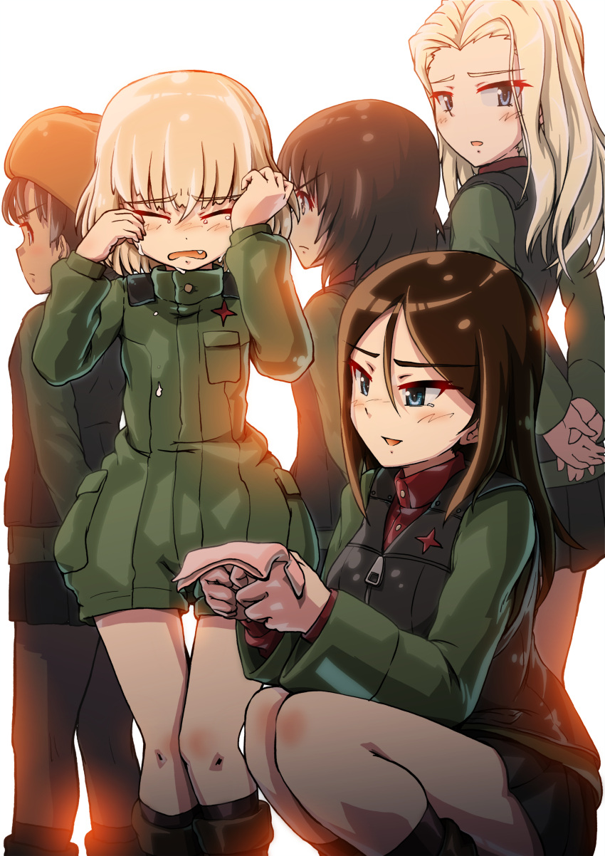 5girls absurdres alina_(girls_und_panzer) arms_behind_back backlighting bangs black_footwear black_hair black_skirt black_vest blonde_hair blue_eyes boots brown_headwear clara_(girls_und_panzer) closed_eyes commentary_request commission crying facing_away fang frown fur_hat girls_und_panzer green_jacket green_jumpsuit hat highres holding_neckerchief jacket jumpsuit katyusha_(girls_und_panzer) kuroneko_douji long_hair long_sleeves looking_at_another looking_back military military_uniform miniskirt multiple_girls nina_(girls_und_panzer) nonna_(girls_und_panzer) open_mouth own_hands_together parade_rest partial_commentary pixiv_commission pleated_skirt pravda_military_uniform red_shirt shirt short_hair short_jumpsuit skirt smile squatting standing swept_bangs tearing_up tears textless_version turtleneck uniform ushanka vest wiping_tears zipper