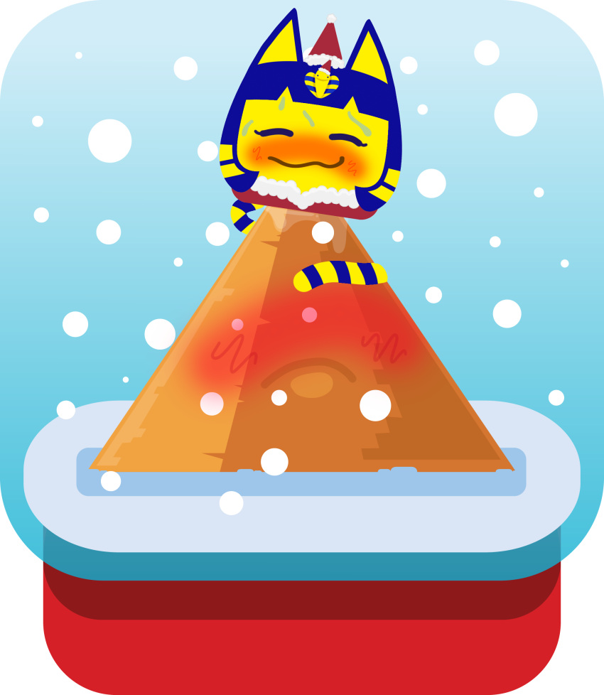 anal_juice animal_crossing ankha_(animal_crossing) anthro blooket blue blush bodily_fluids christmas domestic_cat felid feline felis female festive genital_fluids hi_res holidays mammal nintendo orange pussy_juice pyramid red snow snow_globe solo yellow