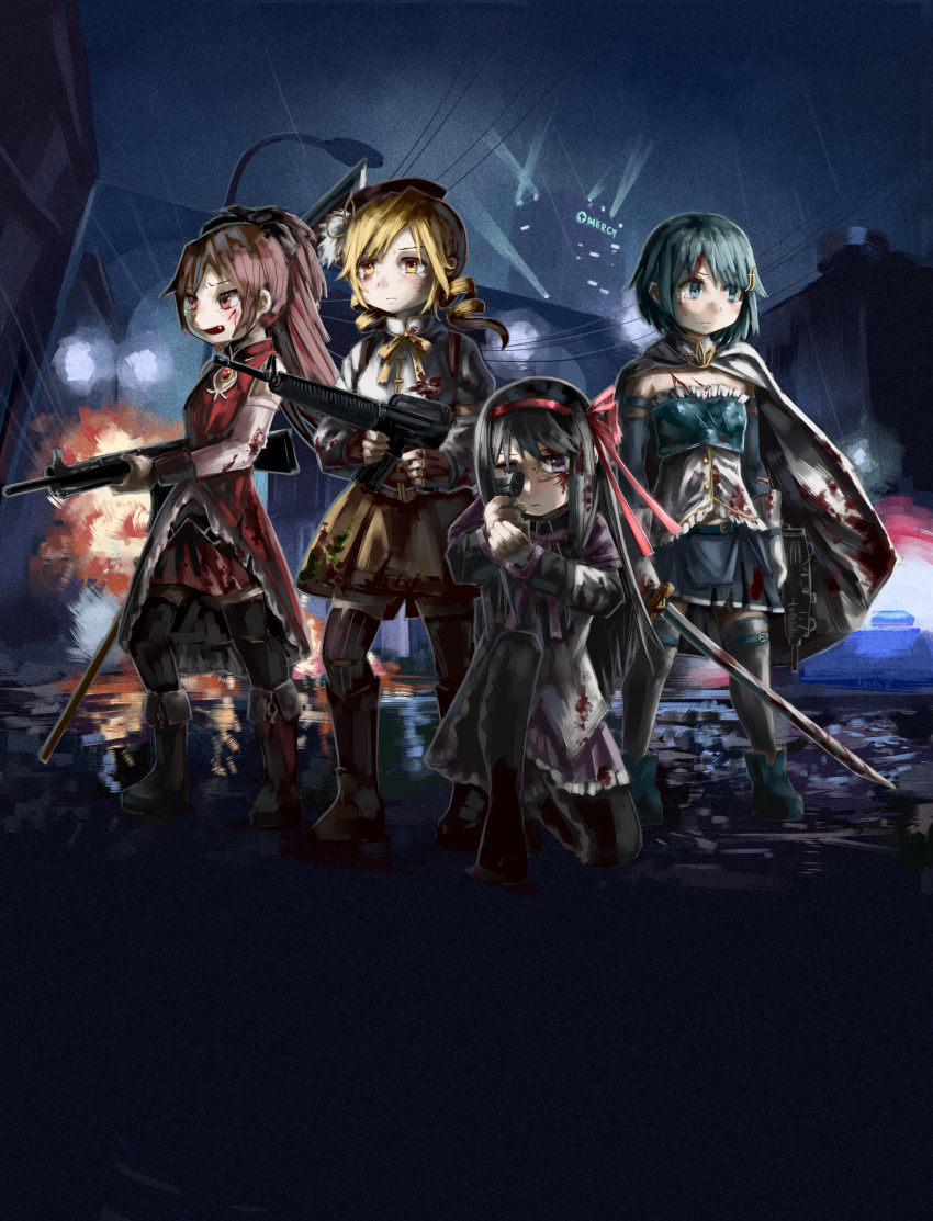 4girls absurdres akemi_homura argyle argyle_legwear assault_rifle beret black_hair blonde_hair blood blood_on_clothes blood_on_face blue_eyes blue_hair building cape cityscape corset detached_sleeves diu9you drill_hair dual_wielding fingerless_gloves fire fn_scar gloves gun hair_ornament hairband hairclip hairpin handgun hat highres holding holding_gun holding_polearm holding_sword holding_weapon imi_uzi lamppost left_4_dead long_hair m16a2 m1911 magical_girl mahou_shoujo_madoka_magica miki_sayaka multiple_girls one_knee parody polearm ponytail puffy_sleeves purple_eyes red_eyes red_hair red_hairband rifle sakura_kyouko short_hair short_twintails spear standing striped striped_thighhighs submachine_gun sword thighhighs tomoe_mami twin_drills twintails vertical-striped_thighhighs vertical_stripes weapon white_cape white_gloves yellow_eyes