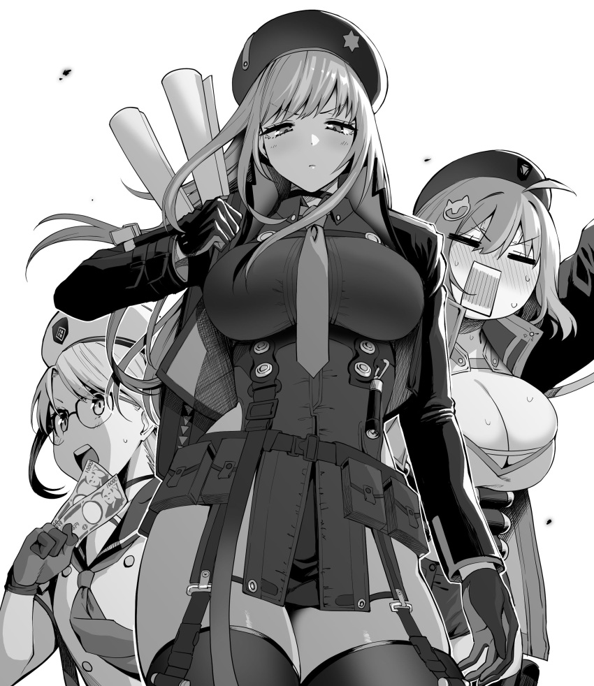 3girls absurdres ahoge amano_don ammunition_belt anis_(nikke) arm_up belt beret blush breasts buttons choker cleavage closed_eyes closed_mouth collared_shirt commentary cowboy_shot double-breasted glasses gloves goddess_of_victory:_nikke greyscale hair_ornament half-closed_eyes hat highres holding holding_money jacket large_breasts long_hair looking_at_viewer money monochrome multiple_girls neckerchief necktie neon_(nikke) open_clothes open_jacket open_mouth pelvic_curtain rapi_(nikke) rolled_up_paper sailor_collar shirt short_hair short_shorts shorts shouting simple_background small_breasts standing sweat sweatdrop sweating_profusely thighhighs thighs underbust v-shaped_eyebrows white_background wing_collar