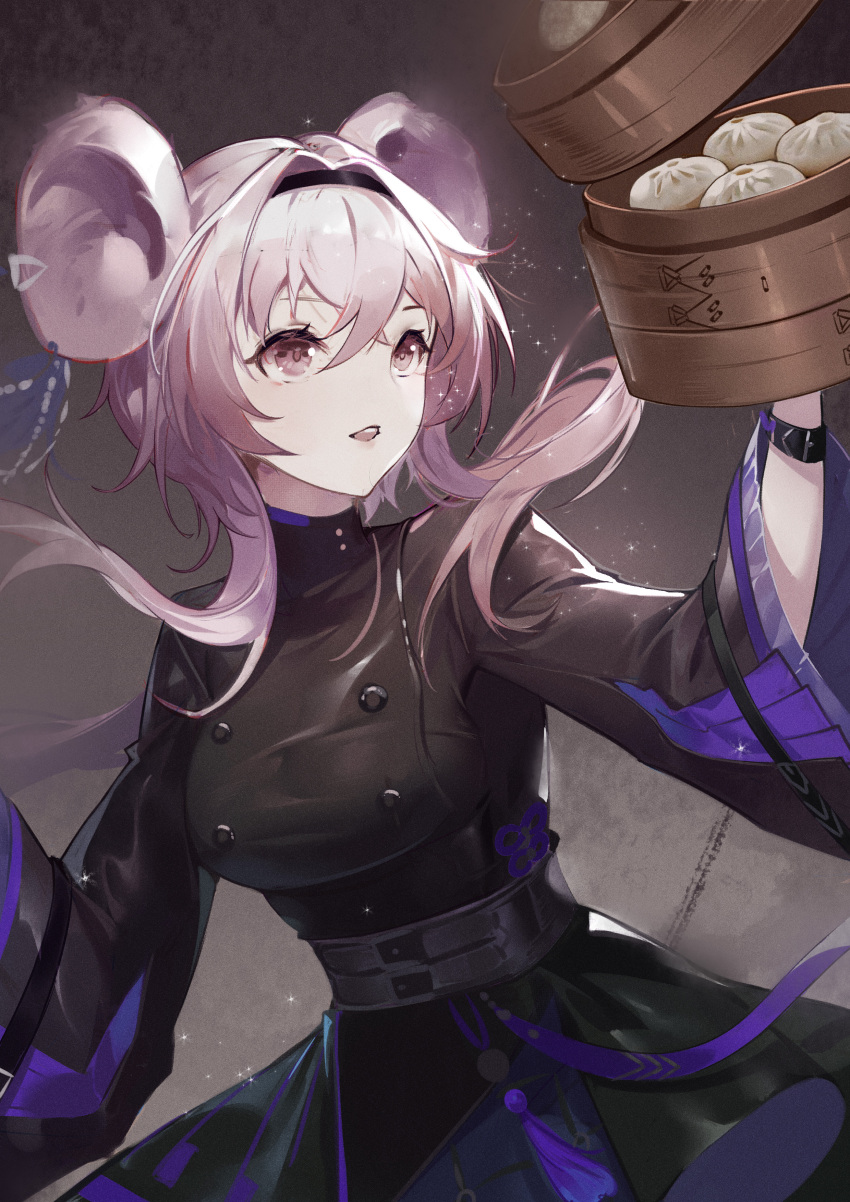 1girl absurdres animal_ears arknights baozi black_dress black_hairband breasts commentary_request dress food hairband highres large_breasts lin_(arknights) long_hair long_sleeves mouse_ears open_mouth purple_eyes purple_hair solo upper_body wide_sleeves woodylixx