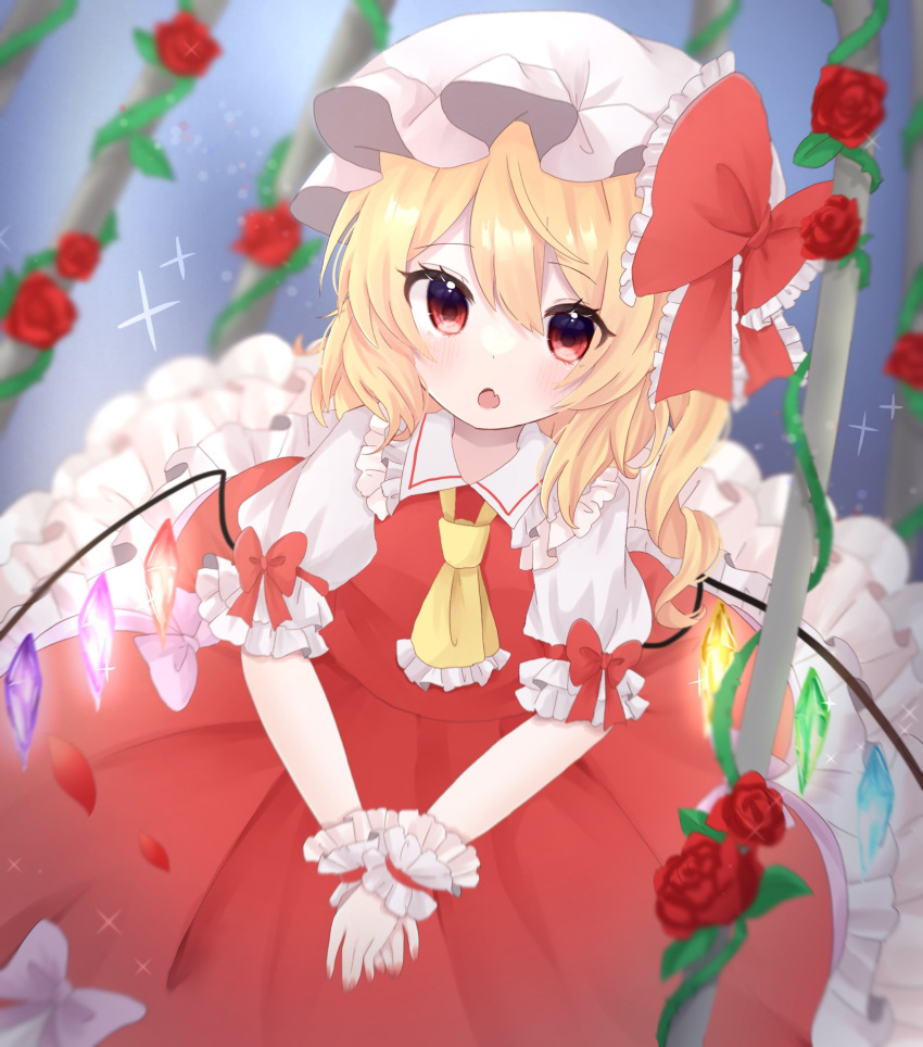 1girl :o ascot blonde_hair blush bow collared_shirt commentary cowboy crystal fang flandre_day flandre_scarlet flower frilled_bow frilled_shirt_collar frills hair_between_eyes hat hat_bow highres leaf long_hair looking_at_viewer machi0309 mob_cap open_mouth plant puffy_short_sleeves puffy_sleeves red_bow red_eyes red_flower red_rose red_skirt red_vest rose shirt short_sleeves side_ponytail skin_fang skirt skirt_set solo thorns touhou vest vines white_headwear white_shirt wings wrist_cuffs yellow_ascot