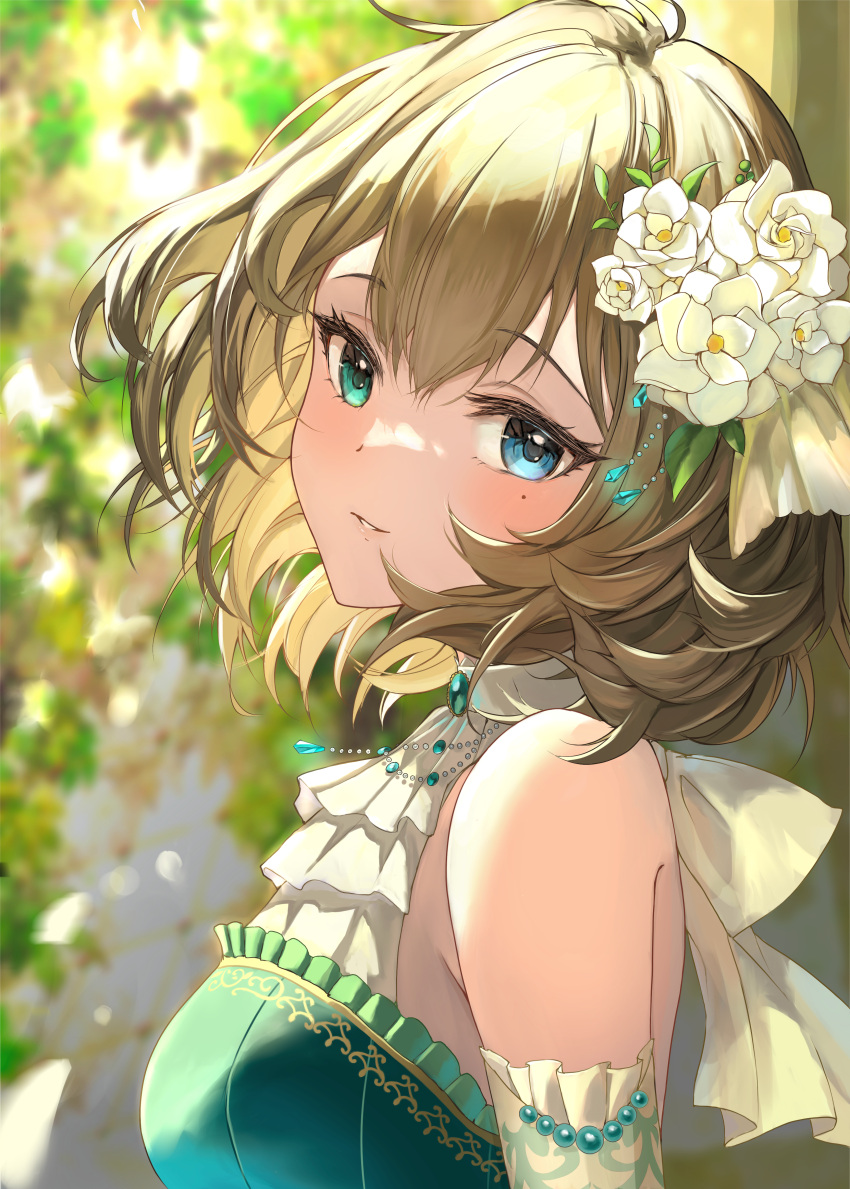 1girl absurdres blurry blurry_background blush bob_cut breasts dress flower green_hair hair_flower hair_ornament heterochromia highres idolmaster idolmaster_cinderella_girls looking_at_viewer medium_breasts mole nyome991 sleeveless sleeveless_dress smile solo takagaki_kaede