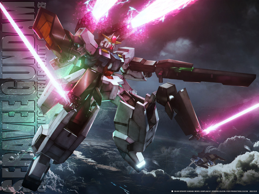 absurdres beam_cannon beam_rifle beam_saber character_name energy_gun extra_arms firing flying glowing glowing_eyes green_eyes gun gundam gundam_00 gundam_seravee highres holding holding_gun holding_sword holding_weapon lolicon_(lolicon42051636) looking_ahead mecha mobile_suit no_humans outdoors overcast photoshop_(medium) quadruple_wielding robot science_fiction shoulder_cannon spacecraft sword v-fin weapon