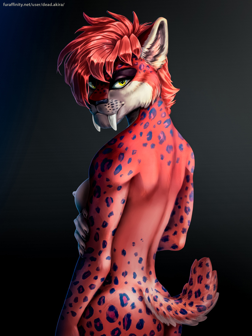 animal_humanoid anthro big_breasts big_fangs blue_spots breasts claws dead.akira digital_media_(artwork) domestic_cat fangs felid felid_humanoid feline feline_ears feline_humanoid feline_tail felis female fur hair hair_over_eye hi_res humanoid jaguar leopard leopard_cat looking_at_viewer looking_back lynx lynx_tail mammal mammal_humanoid nipples nude one_eye_obstructed pantherine prionailurus pupils red_body red_fur red_hair short_hair slit_pupils solo solo_focus spots teeth white_body white_fur yellow_eyes