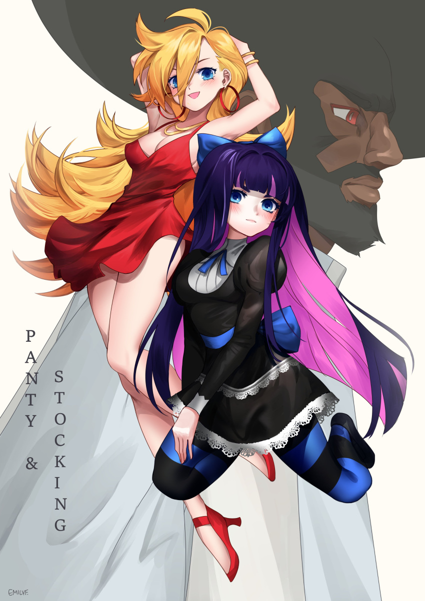 1boy 2girls :d absurdres arms_behind_head arms_up artist_name back_bow beard black_dress blonde_hair blue_bow blue_eyes blush bow breasts character_name cleavage closed_mouth dark-skinned_male dark_skin dress english_commentary facial_hair garterbelt_(psg) hair_between_eyes hair_bow highres juliet_sleeves lace-trimmed_dress lace_trim lips long_hair long_sleeves looking_at_viewer medium_hair multicolored_hair multiple_girls open_mouth panty_&amp;_stocking_with_garterbelt panty_(psg) pantyhose pink_hair profile puffy_sleeves purple_hair red_dress red_eyes shianebulae sleeveless sleeveless_dress smile stocking_(psg) striped striped_pantyhose two-tone_hair very_long_hair