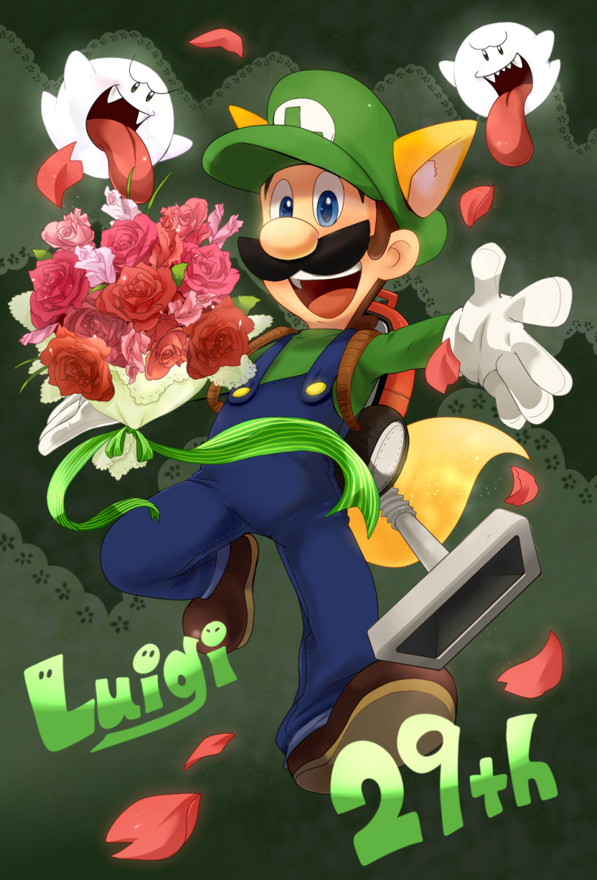 1boy :d anniversary blue_eyes blue_overalls blue_pants boo_(mario) bouquet brown_footwear brown_hair buttons character_name commentary_request facial_hair fangs flower full_body ghost gloves green_background green_headwear green_shirt hat highres holding holding_bouquet kinashi long_sleeves looking_at_viewer luigi luigi's_mansion male_focus mario_(series) mustache open_mouth outstretched_arms overalls pants petals pink_flower pink_rose poltergust_3000 red_flower red_rose rose shirt shoes short_hair simple_background smile spread_arms teeth tongue tongue_out vacuum_cleaner white_gloves
