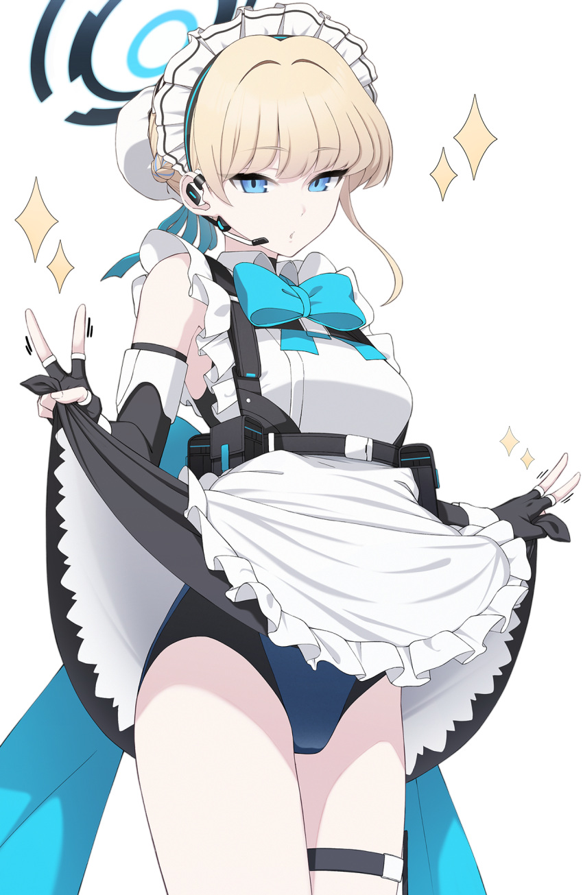 1girl apron bangs bare_shoulders black_dress black_gloves blonde_hair blue_archive blue_bow blue_bowtie blue_eyes blue_ribbon blush bow bowtie breasts chest_harness curtsey double_v dress earpiece fingerless_gloves gloves halo harness highres leotard leotard_under_clothes looking_at_viewer maid_headdress mku pouch ribbon short_dress short_hair small_breasts solo sparkle thigh_strap thighs toki_(blue_archive) v white_apron