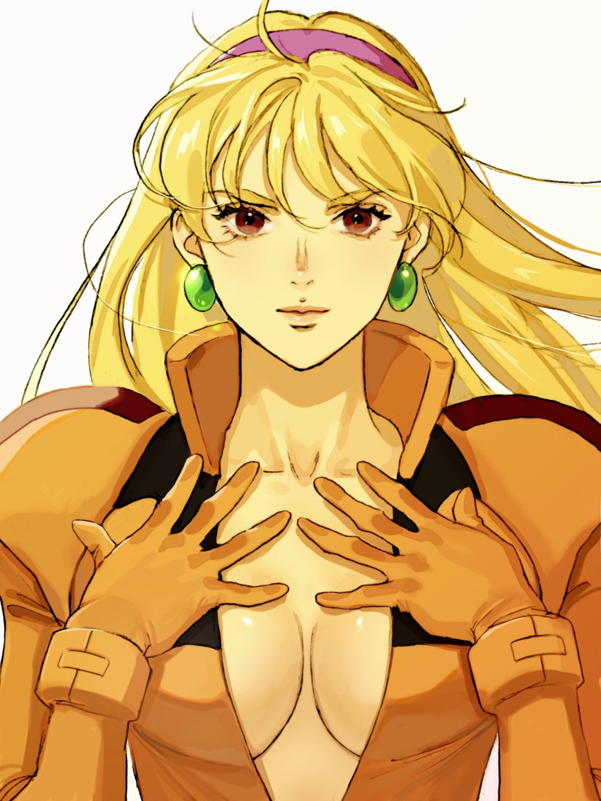 1girl bangs bodysuit breasts brown_eyes cleavage collarbone earrings floating_hair gloves gundam hairband highres jewelry katejina_loos long_hair looking_at_viewer medium_breasts miromari orange_bodysuit orange_gloves pilot_suit portrait purple_hairband smile solo straight-on victory_gundam white_background