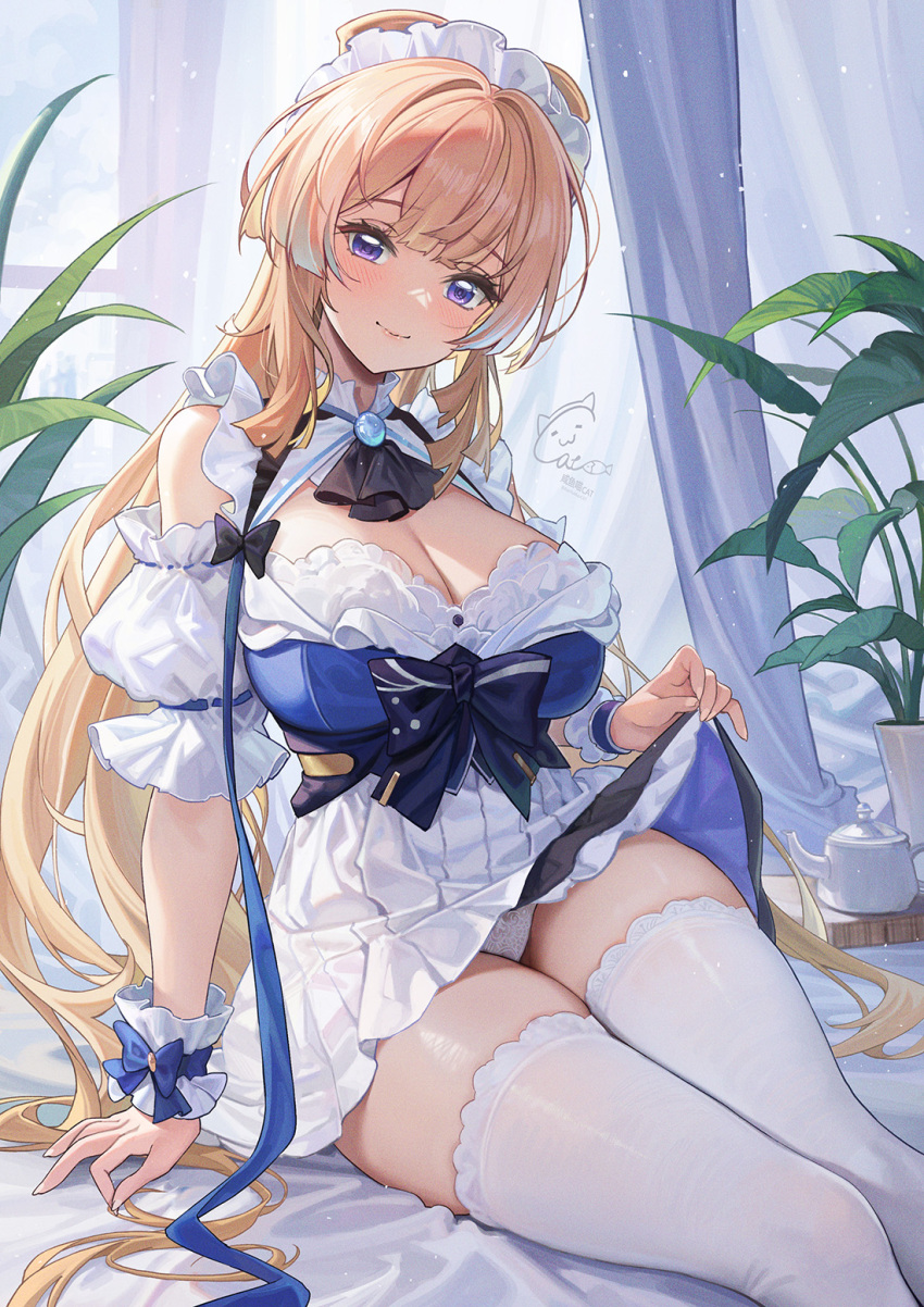 1girl arm_support ascot black_ascot black_bow blue_ribbon blush bow breasts brooch catsmoon cleavage closed_mouth clothes_lift colored_tips condom condom_wrapper detached_sleeves dress dress_lift frilled_cuffs frilled_dress frilled_hairband frills genshin_impact gradient_hair hairband highres holding holding_condom jewelry kettle large_breasts leaning_to_the_side long_hair looking_at_viewer maid_headdress multicolored_hair panties pink_hair plant potted_plant puffy_short_sleeves puffy_sleeves purple_eyes ribbon sangonomiya_kokomi short_sleeves signature smile solo thighhighs thighs underwear very_long_hair white_dress white_hairband white_thighhighs wrist_cuffs