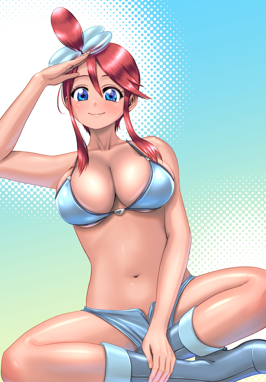 1girl absurdres arm_up bangs bare_arms bikini blue_eyes boots breasts closed_mouth collarbone commentary_request eyelashes hadairo_rainbow hair_between_eyes highres large_breasts looking_at_viewer navel pokemon pokemon_(game) pokemon_bw red_hair salute shiny_skin sitting skyla_(pokemon) smile solo spread_legs swimsuit