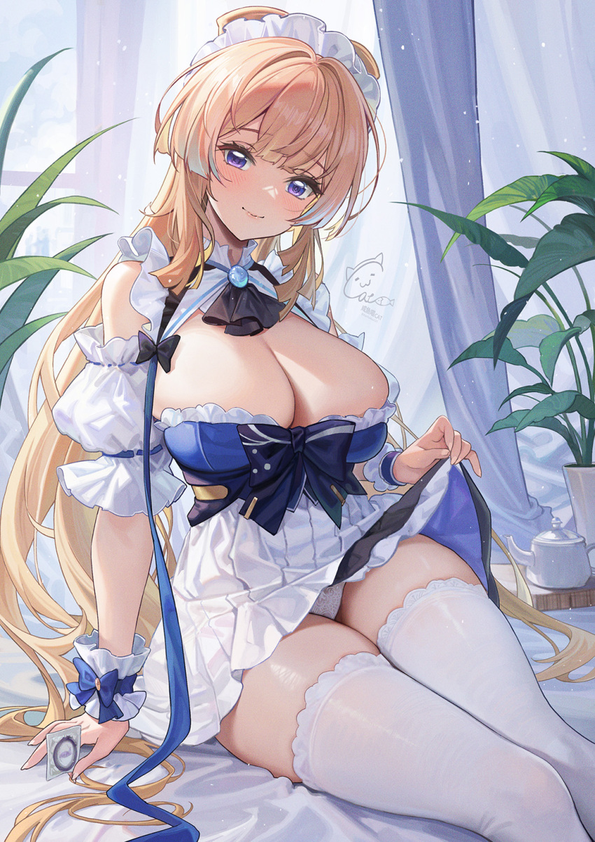 1girl arm_support ascot black_ascot black_bow blue_ribbon blush bow breasts brooch catsmoon cleavage closed_mouth clothes_lift colored_tips condom condom_wrapper detached_sleeves dress dress_lift duplicate frilled_cuffs frilled_dress frilled_hairband frills genshin_impact gradient_hair hairband highres holding holding_condom jewelry kettle large_breasts leaning_to_the_side long_hair looking_at_viewer maid_headdress multicolored_hair panties pink_hair pixel-perfect_duplicate plant potted_plant puffy_short_sleeves puffy_sleeves purple_eyes ribbon sangonomiya_kokomi short_sleeves signature smile solo thighhighs thighs underwear very_long_hair white_dress white_hairband white_thighhighs wrist_cuffs