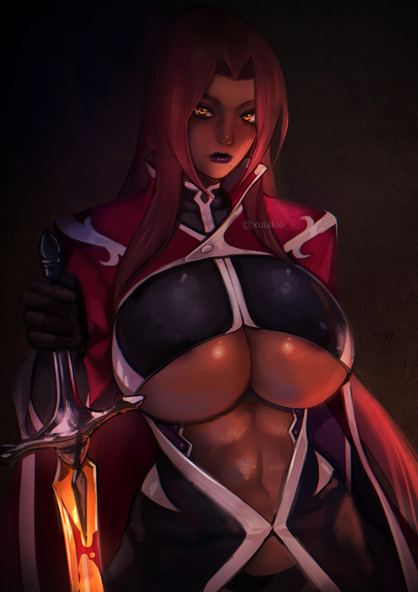 1girl abs absurdres black_gloves breasts cape center_opening commentary_request dark-skinned_female dark_skin gloves highres holding holding_sword holding_weapon huge_breasts ingrid_(taimanin_murasaki) lipstick long_hair makeup mole mole_under_mouth orange_eyes planted planted_sword purple_lips red_cape red_hair revealing_clothes reverse_grip solo sword taimanin_(series) taimanin_asagi taimanin_murasaki twitter_username underboob very_long_hair watermark weapon xuuikie_ashe