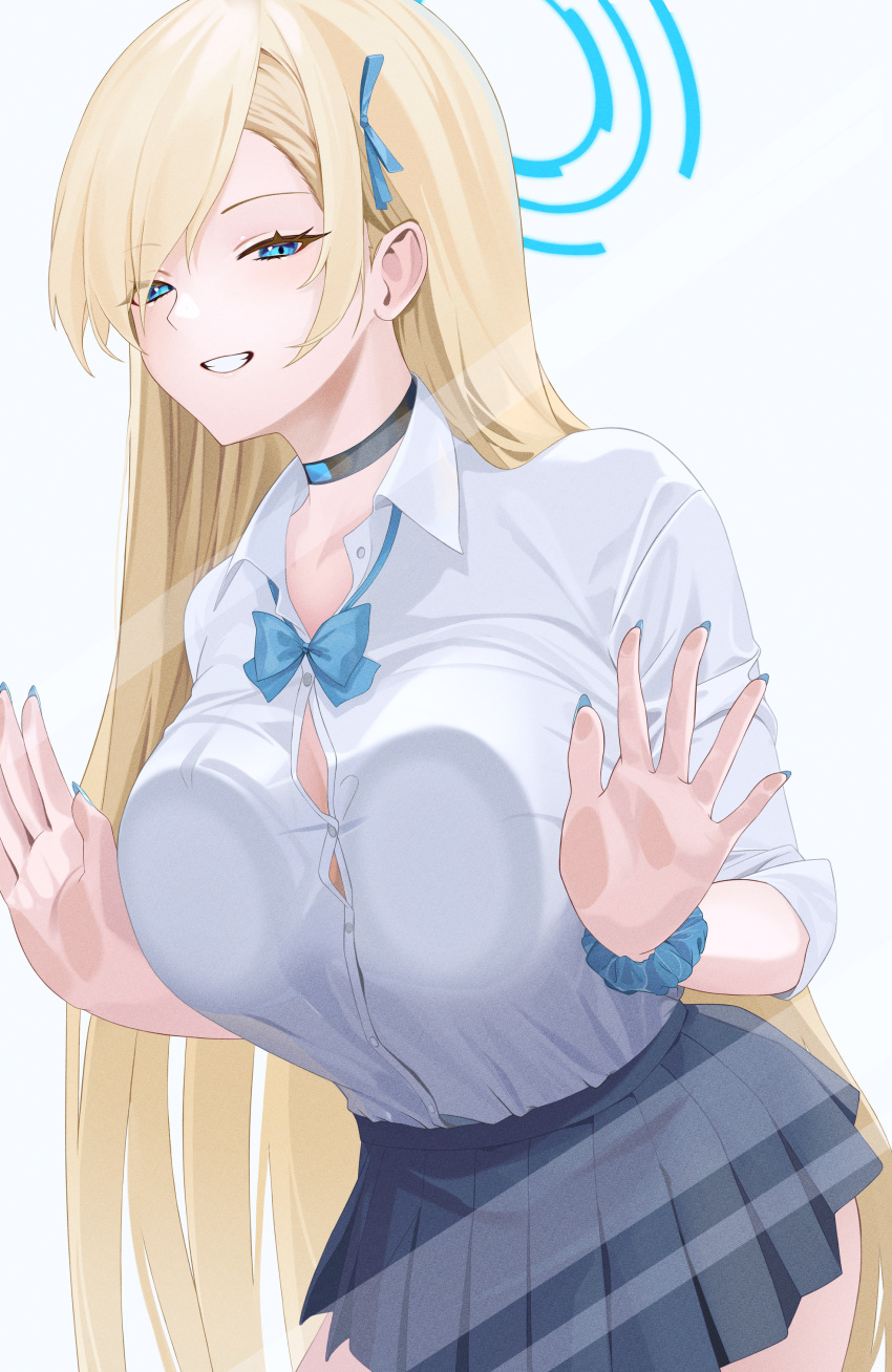 absurdres against_glass alternate_hair_color asuna_(blue_archive) asymmetrical_bangs bangs blonde_hair blue_archive breast_press breasts button_gap choker glass grin gyaru hair_over_one_eye halo highres kogal large_breasts leaning_forward long_bangs looking_at_viewer miniskirt school_uniform shirt shirt_tucked_in simple_background skirt smile tented_shirt uniform white_shirt zeil