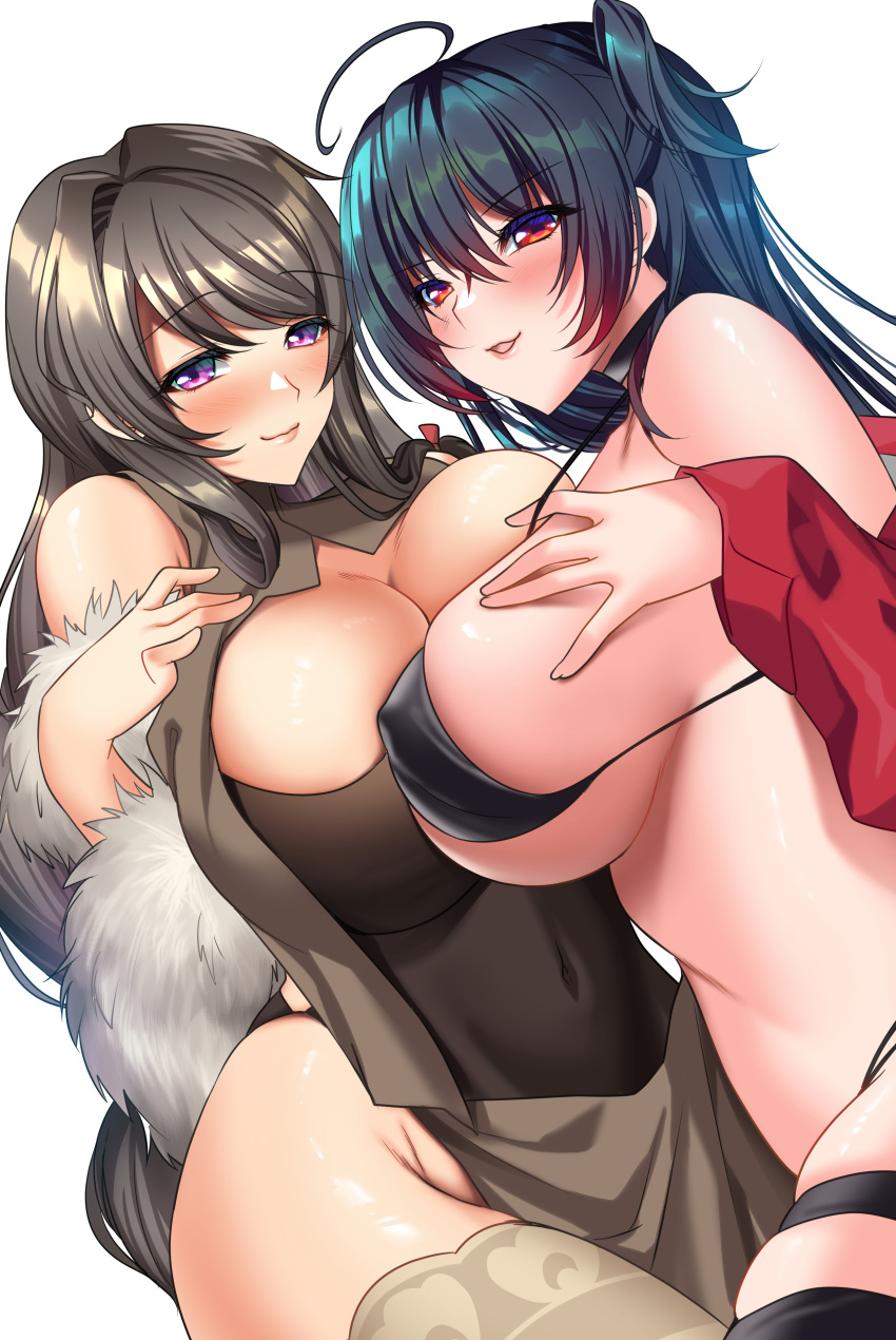 2girls absurdres ayakichi azur_lane bikini black_bikini black_choker black_hair blush breast_press breasts charybdis_(azur_lane) charybdis_(red_chamber_of_healing)_(azur_lane) choker comiket_100 from_side grey_hair highres huge_breasts jacket looking_at_viewer multi-strapped_bikini multiple_girls multiple_straps official_alternate_costume open_clothes open_jacket purple_eyes race_queen red_eyes red_jacket shiny_skin simple_background skindentation swimsuit symmetrical_docking taihou_(azur_lane) taihou_(enraptured_companion)_(azur_lane) white_background