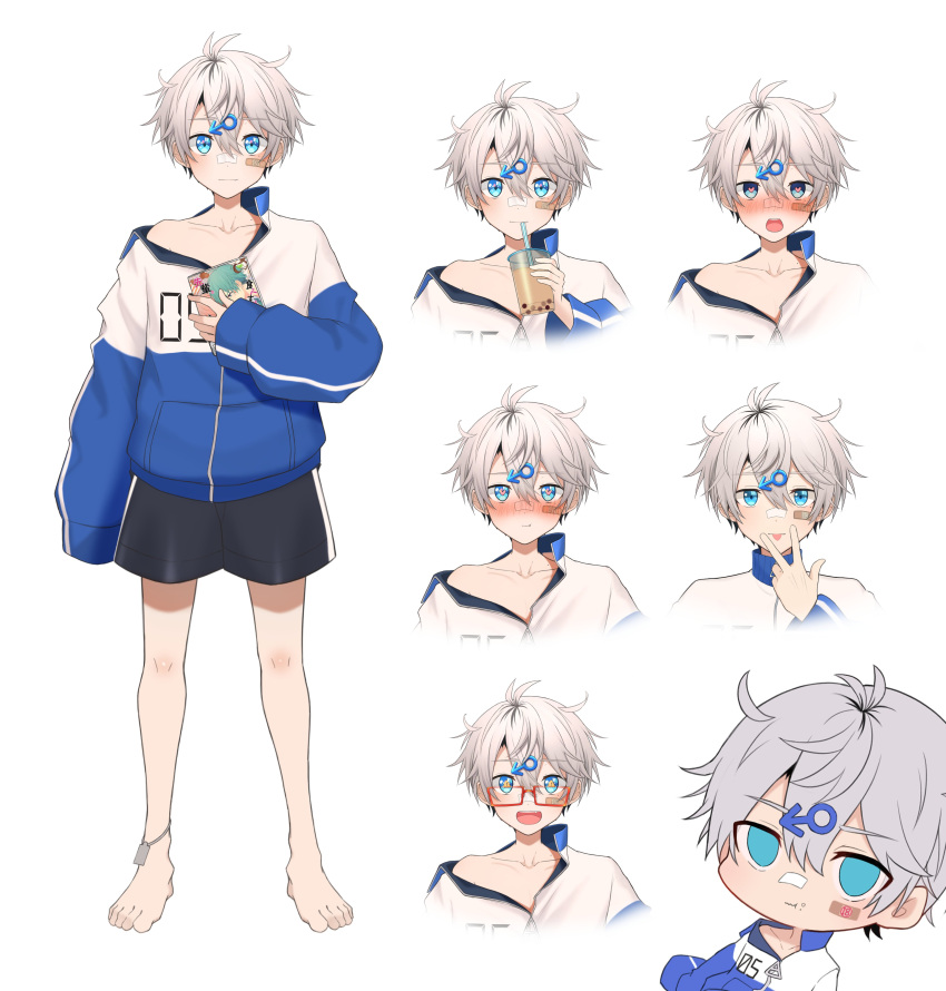 1boy absurdres androgynous bandaid bandaid_on_cheek bandaid_on_face bandaid_on_nose blue_eyes blush book bubble_tea cup disposable_cup drinking_straw drinking_straw_in_mouth emoji full_body heart heart-shaped_pupils highres holding holding_book holding_cup ibuki_tatsu indie_virtual_youtuber long_sleeves looking_at_viewer lovestruck male_child male_focus mars_symbol_hair_ornament multiple_views nose_blush official_art red-framed_eyewear reference_sheet short_hair standing symbol-shaped_pupils tatsu_wan virtual_youtuber white_hair