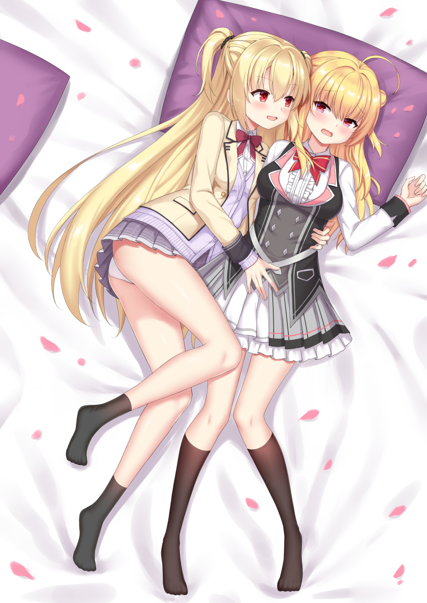 2girls absurdres ahoge arihara_nanami arm_around_waist ass_peek assertive_female bangs bed_sheet black_socks blonde_hair blush bow bowtie breast_press breasts center_frills color_connection commentary_request crossover double_bun elih_(nfslyy) embarrassed feet frilled_skirt frills grey_skirt hair_between_eyes hair_bun hair_color_connection half_updo hamidashi_creative hand_on_another's_stomach head_on_pillow highres hug izumi_hiyori jacket knees_together_feet_apart large_breasts legs long_hair long_legs long_sleeves looking_at_another lying miniskirt multiple_girls no_shoes on_back on_side open_clothes open_jacket open_mouth panties pantyshot petals plaid plaid_skirt pleated_skirt purple_sweater_vest red_bow red_bowtie red_eyes riddle_joker round_teeth school_uniform shirt sidelocks skirt socks straight_hair sweater_vest symmetrical_docking teeth thighs toes two_side_up underwear upper_teeth_only very_long_hair wavy_hair wavy_mouth white_panties white_shirt yellow_jacket yuri