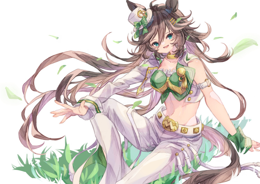 1girl :d absurdres animal_ears arm_strap brown_hair commentary_request crop_top eresa grass green_eyes green_shirt hair_between_eyes hat highres horse_ears jacket knee_up long_hair long_sleeves looking_at_viewer midriff mini_hat mini_top_hat mr._c.b._(umamusume) navel open_clothes open_jacket open_mouth pants shirt single_bare_shoulder single_sleeve sitting smile solo stomach strapless strapless_shirt tail thighs top_hat umamusume very_long_hair white_headwear white_pants wrist_cuffs